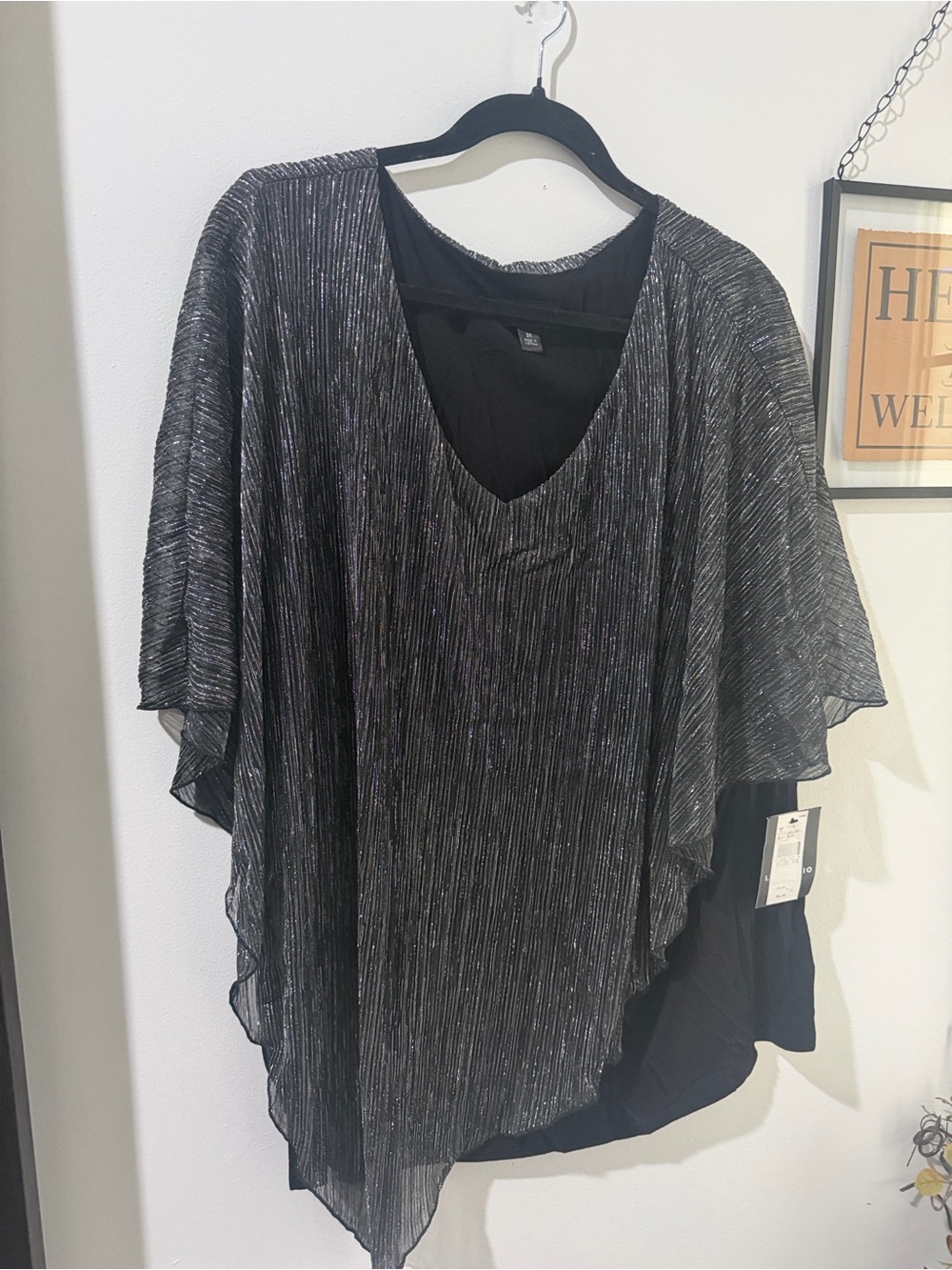 I.N. Studio Black Silver Metallic Pleated V-Neck Tunic
